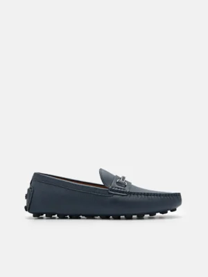 Giày lười mũi tròn Steven Leather Horsebit - Xanh Navy